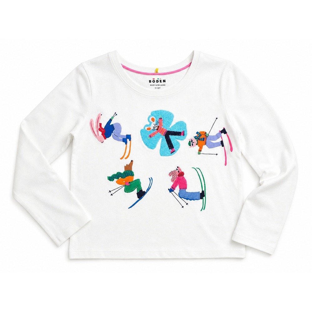 Mini Boden Girls White Skiing Animals Embroidered Long Sleeve Tee Shirt 8-9Y